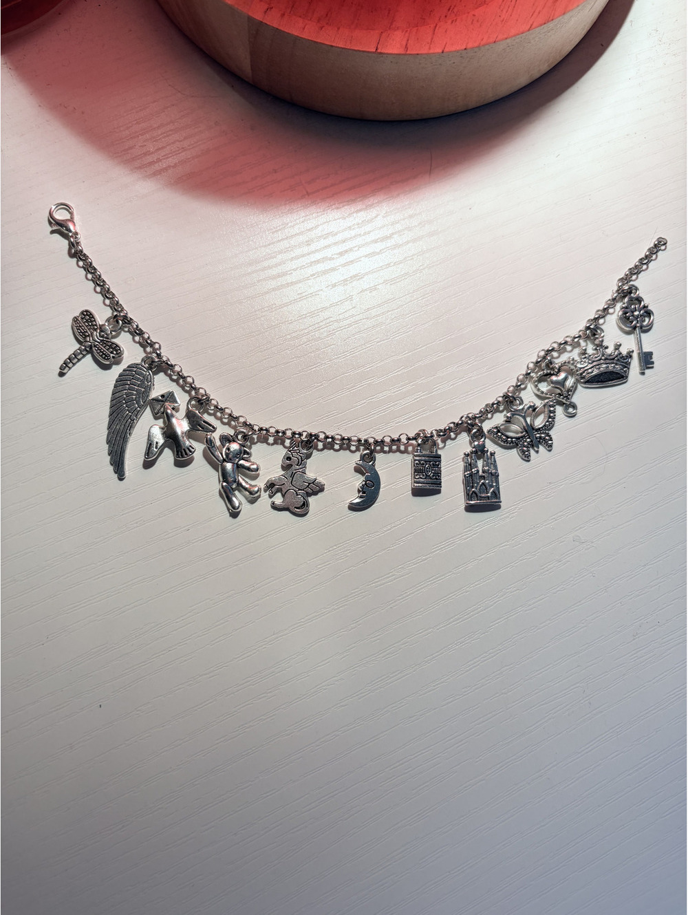 Handmade princess themed silver charm bracelet with 12 charms